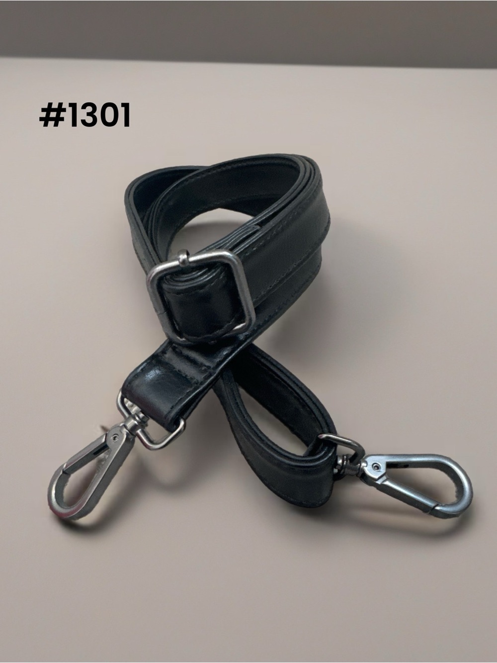 Adjustable Black Leather Bag Strap with Silver Hardware